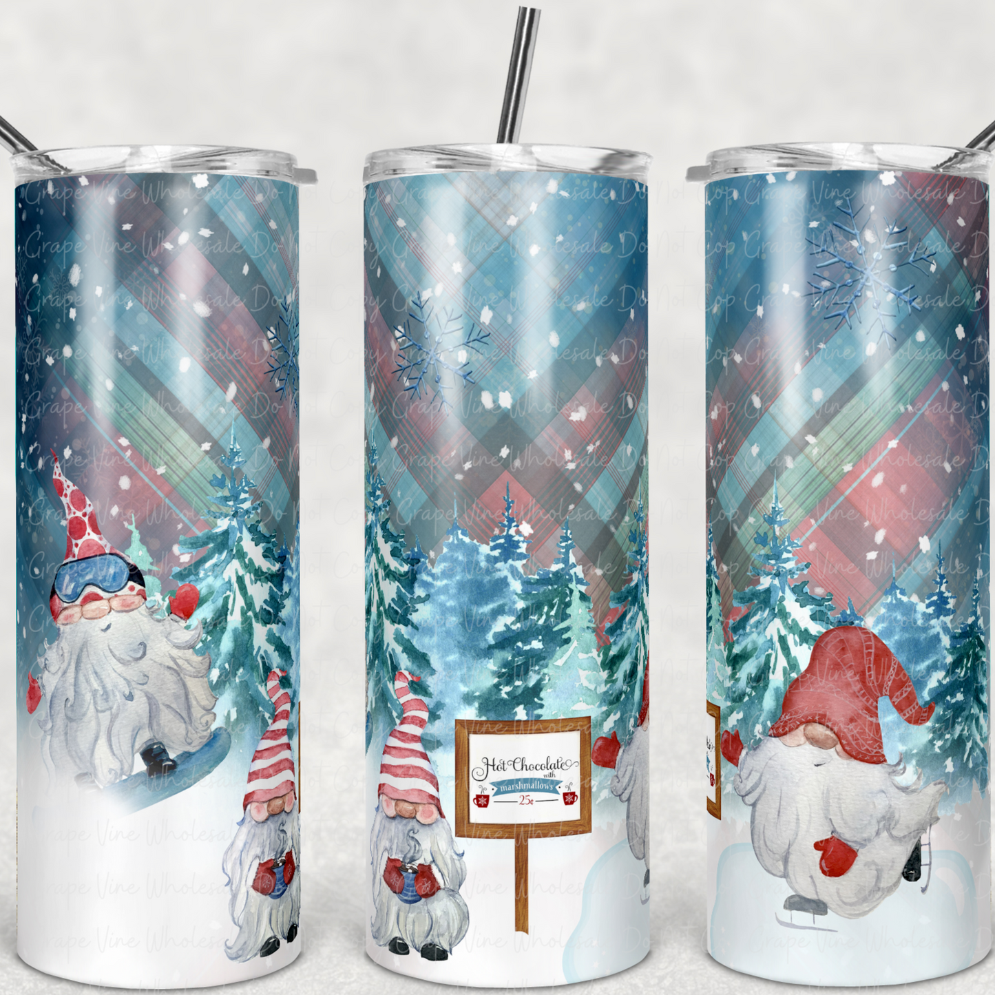 Christmas Plaid with Snowy Gnomes 20oz Skinny Tumbler Grape Vine Wholesale