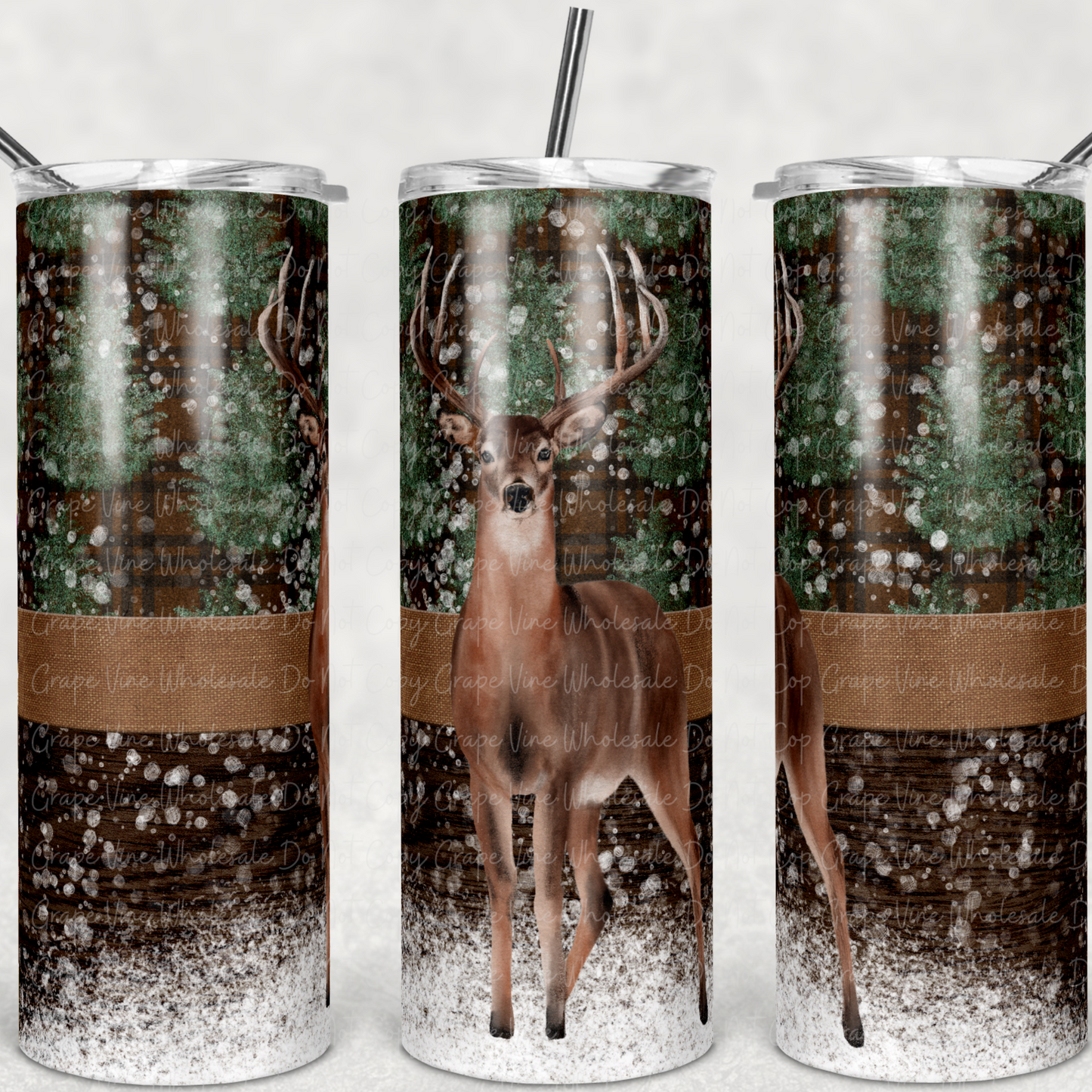 Deer and Snowy Christmas Trees 20oz Skinny Tumbler Grape Vine Wholesale
