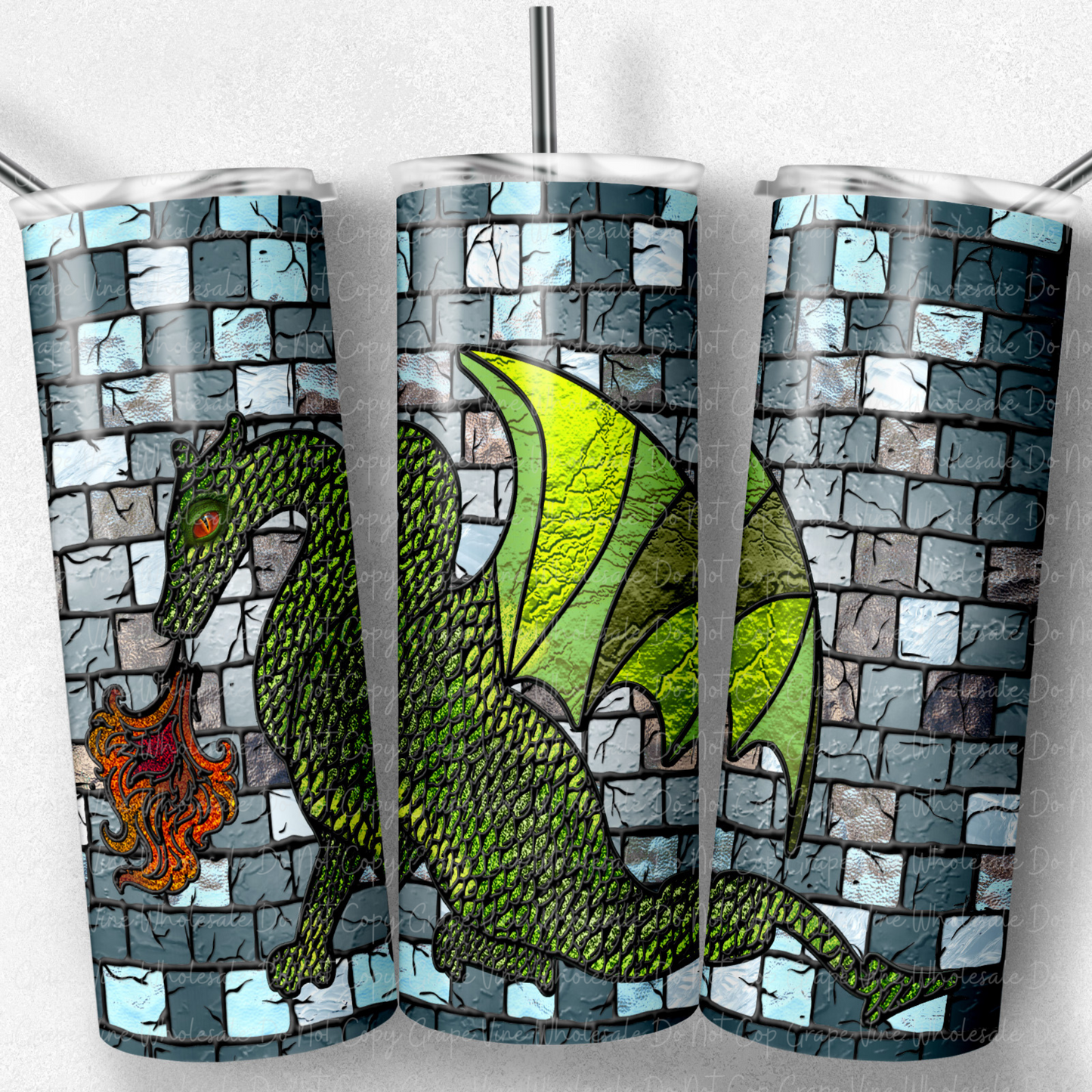 Green Stained Glass Dragon 20oz Skinny Tumbler Grape Vine Wholesale
