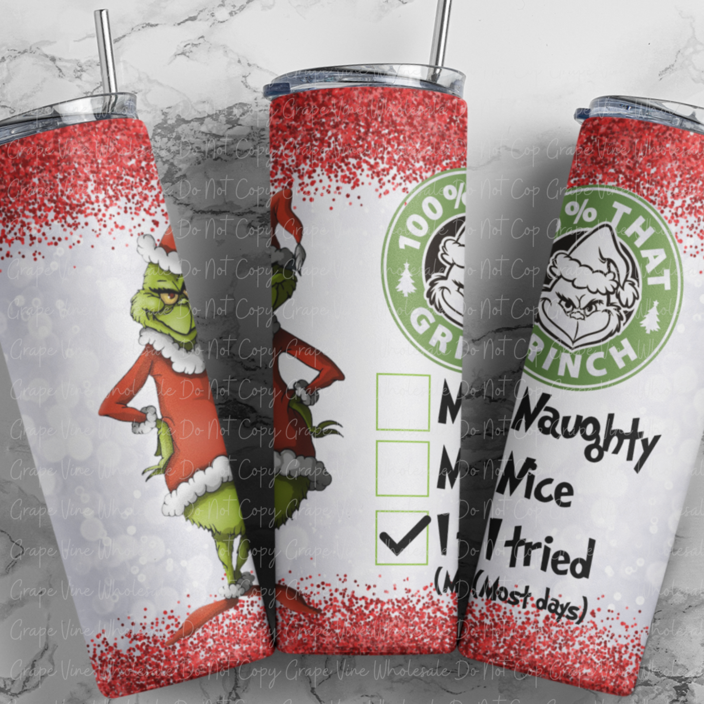 Naughty, Nice, I Tried (most days...) 20oz Skinny Tumbler Grape Vine Wholesale