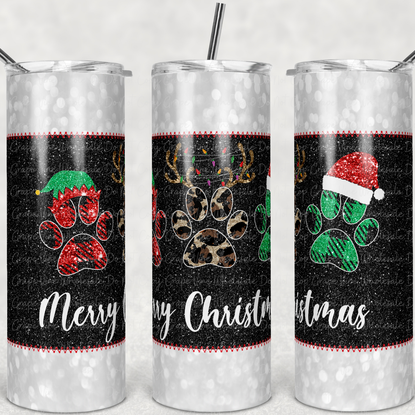 Patchwork Merry Christmas Paws 20oz Skinny Tumbler Grape Vine Wholesale