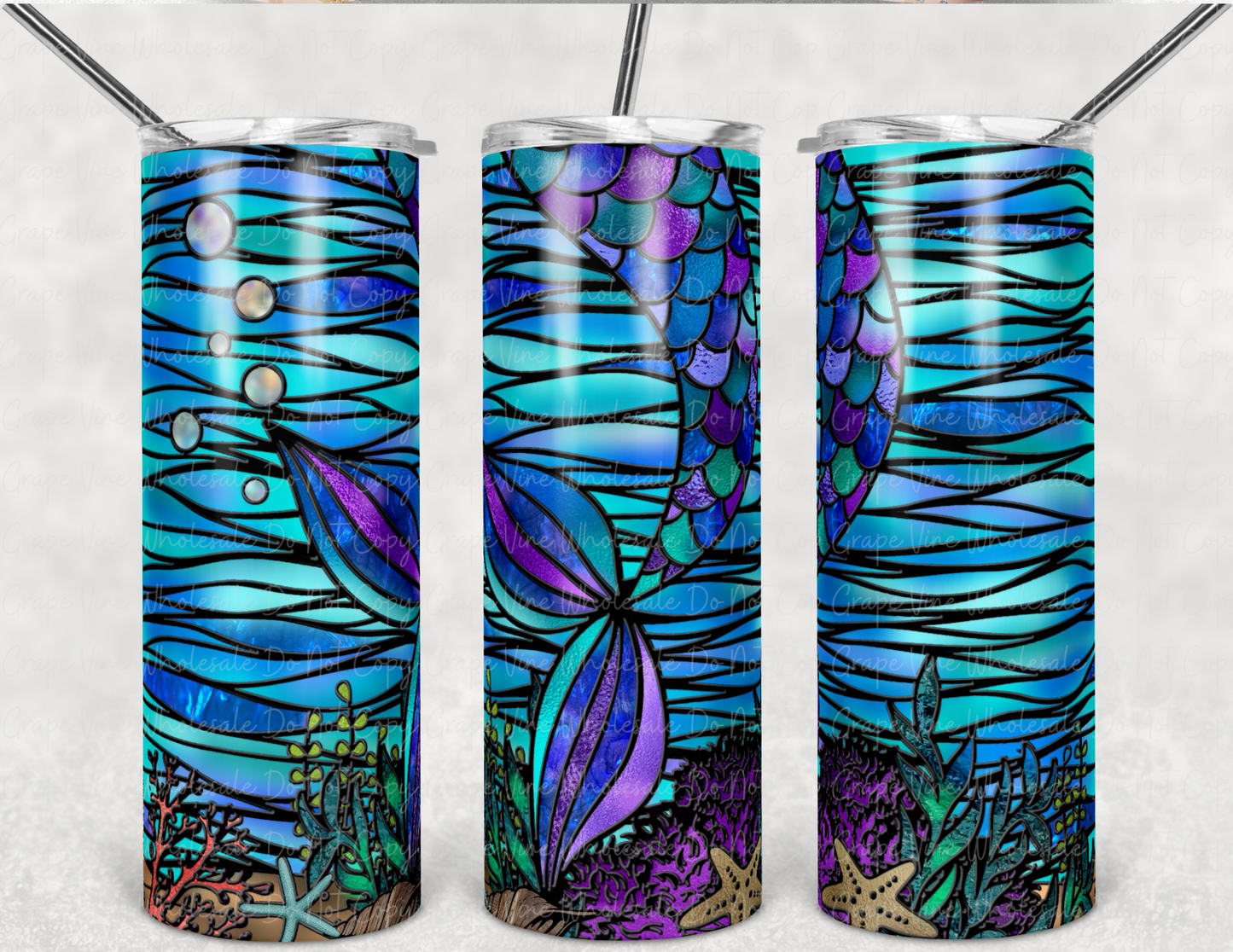 Stained Glass Mermaid 20oz Skinny Tumbler Grape Vine Wholesale