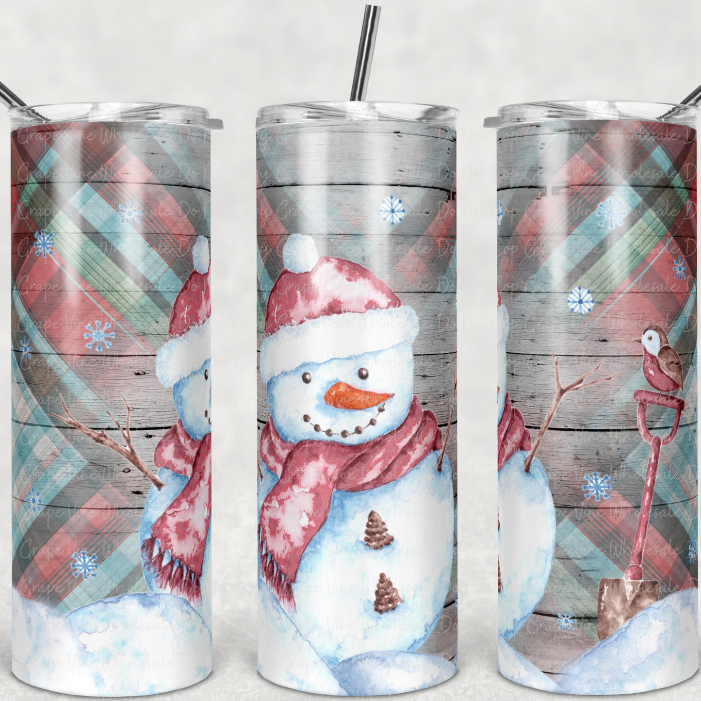 Winter Snowman on woodgrain 20oz Skinny Tumbler Grape Vine Wholesale