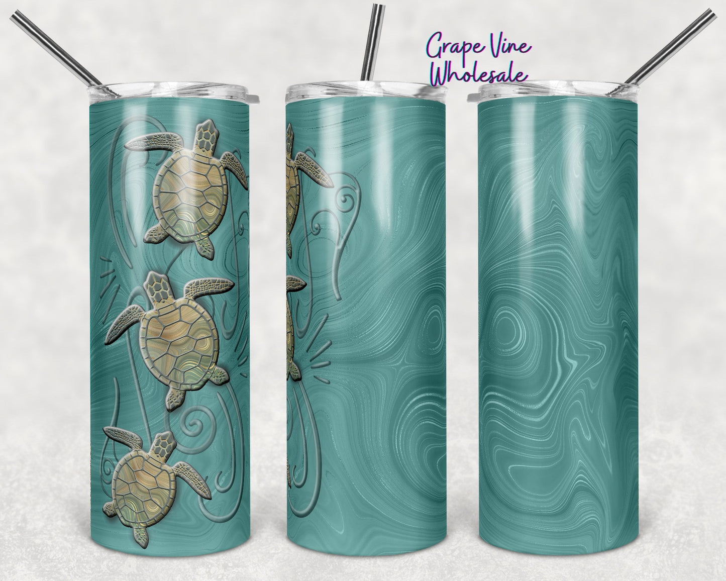 3D Aqua Wave Sea Turtle 20oz Skinny Tumbler Grape Vine Wholesale