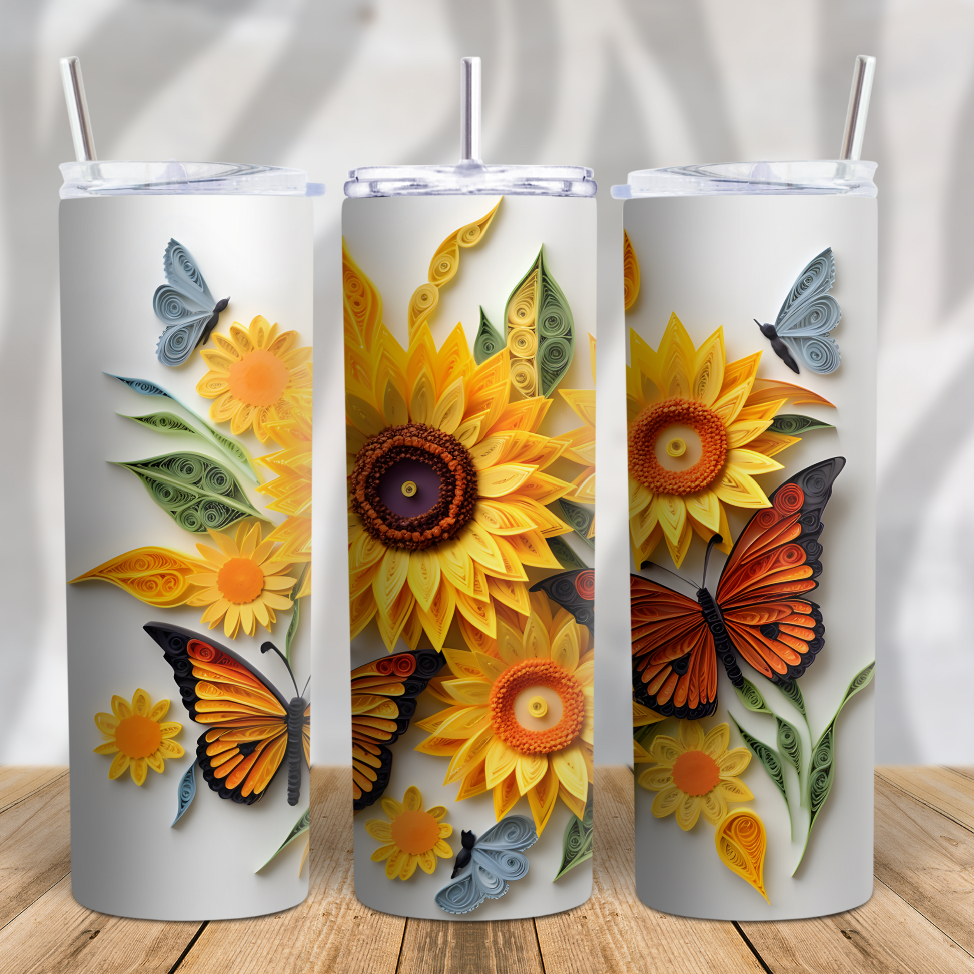 3D Style Sunflowers and Butterflies 20oz Skinny Tumbler Grape Vine Wholesale