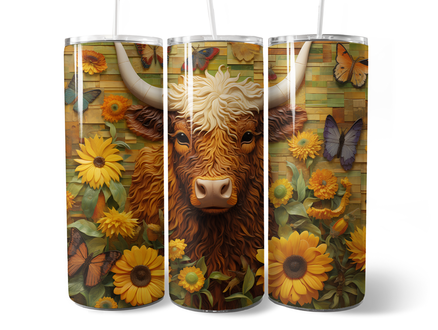 3D Style Sunflowers highland Cow 20oz Skinny Tumbler Grape Vine Wholesale