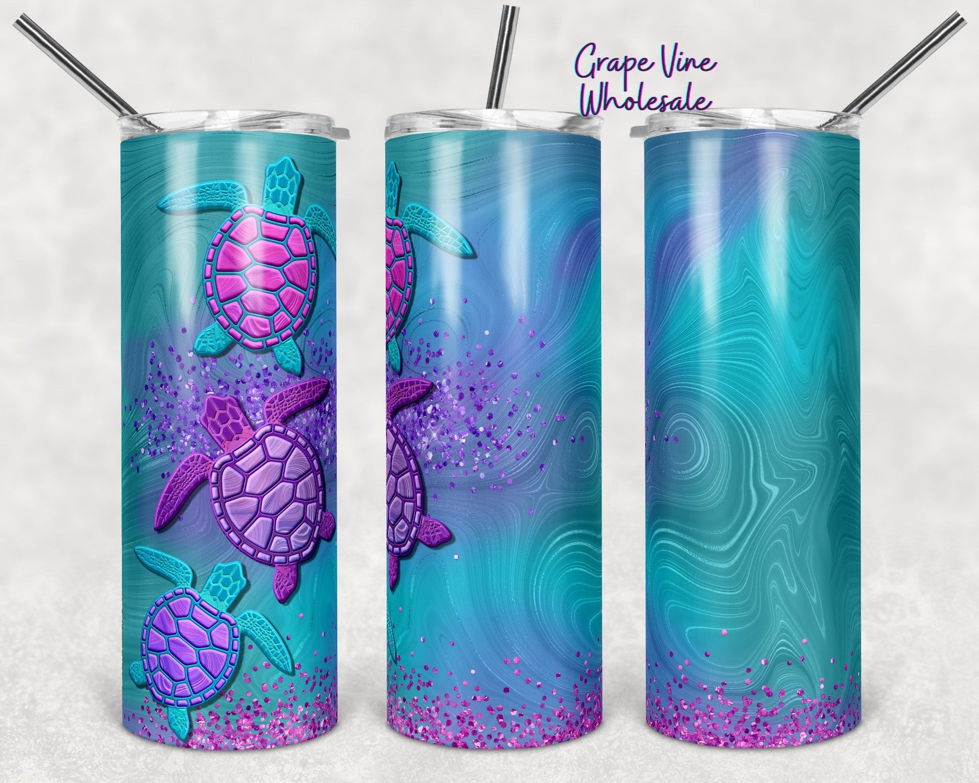 3D Teal Wave & Glitter Burst Sea Turtle 20oz Skinny Tumbler Grape Vine Wholesale