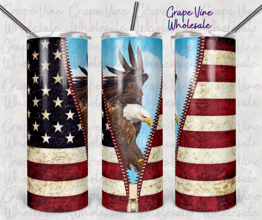 Bald Eagle American Flag Zipper 20oz Skinny Tumbler Grape Vine Wholesale