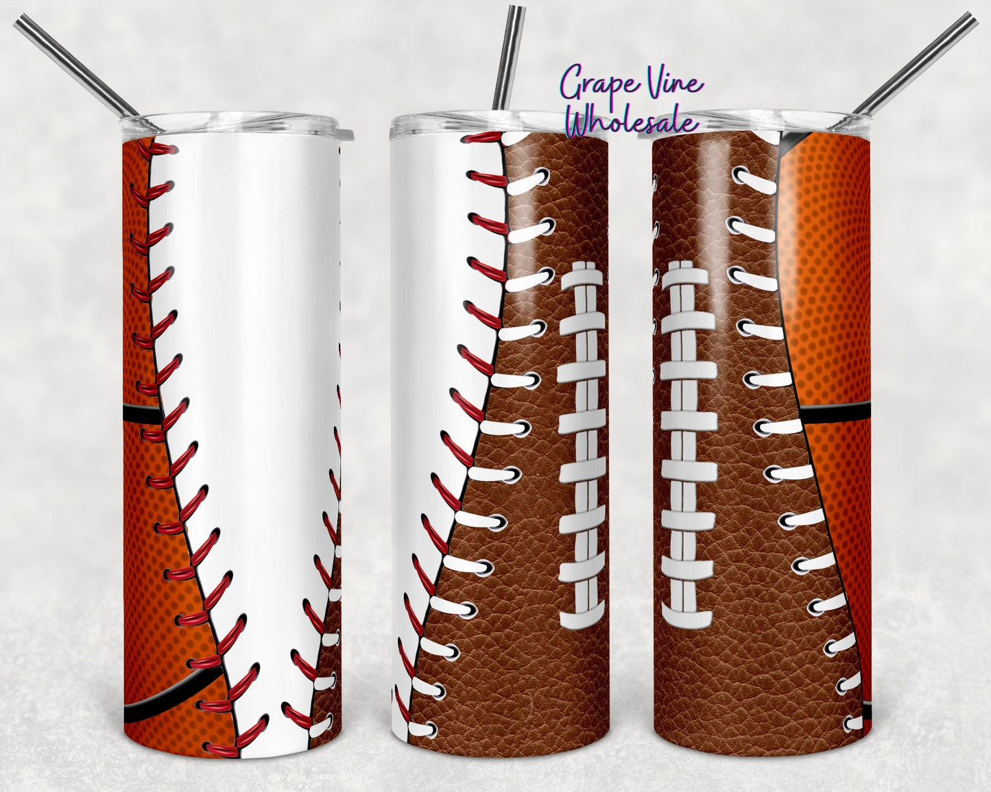 Baseball Basketball Football Trio 20oz Skinny Tumbler Grape Vine Wholesale