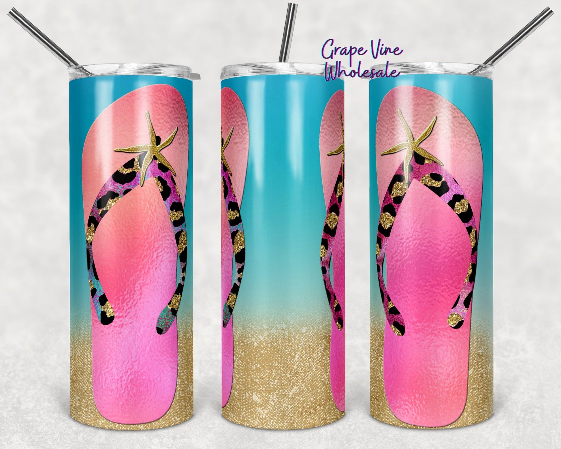 Beachin' In Leopard Flip Flops 20oz Skinny Tumbler Grape Vine Wholesale