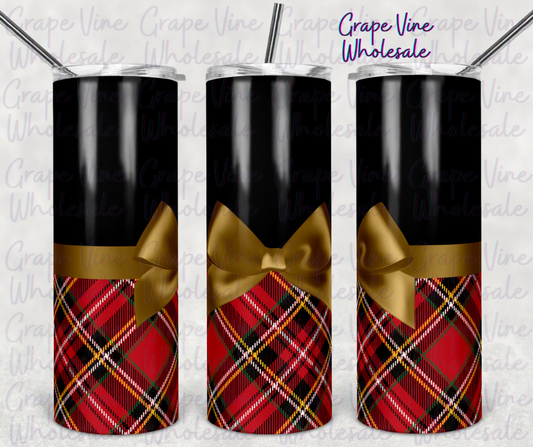 Black & Gold Tartan Bow 20oz Skinny Tumbler Grape Vine Wholesale