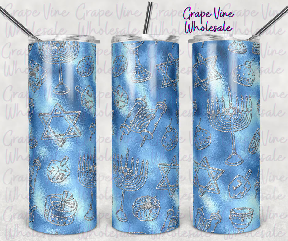 Blue & Silver Hanukkah Spirit 20oz Skinny Tumbler Grape Vine Wholesale