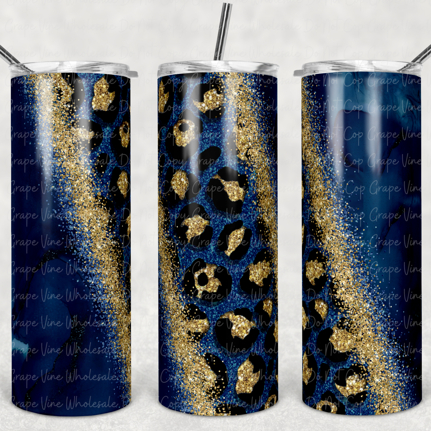 Blue and Gold Leopard 20oz Skinny Tumbler Grape Vine Wholesale