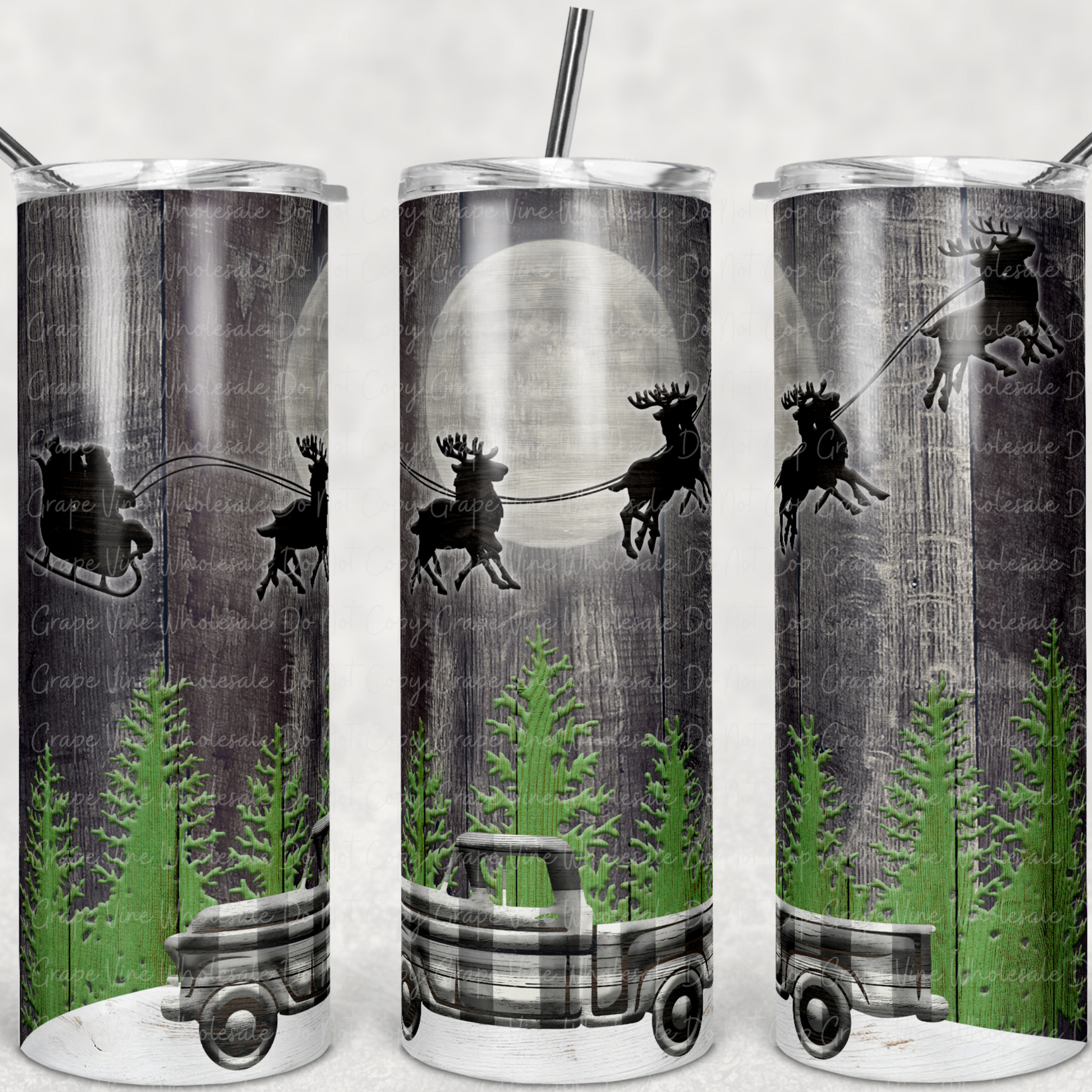 Buffalo Plaid Truck and Santa on Woodgrain  20oz Skinny Tumbler Grape Vine Wholesale