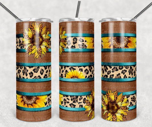 Burlap & Cheetah Striped Mock With Sunflower Burst 20oz Skinny Tumbler Grape Vine Wholesale