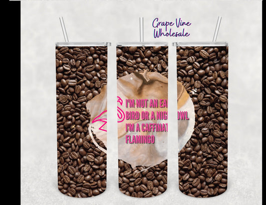 Caffeinated Flamingo Coffee grain print 20oz Skinny Tumbler Grape Vine Wholesale