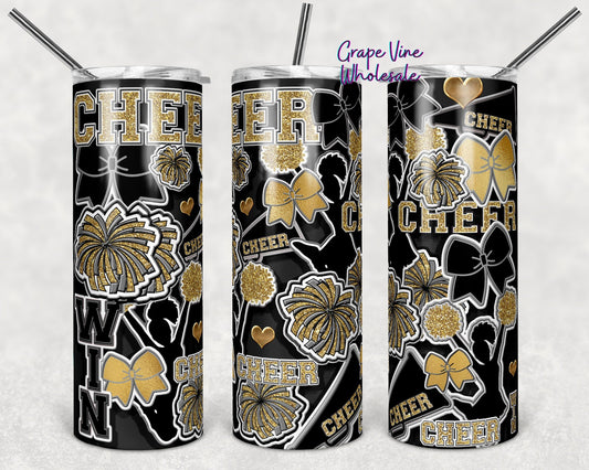 Cheer Spirit Black & Gold Glitter Burst 20oz Skinny Tumbler Grape Vine Wholesale