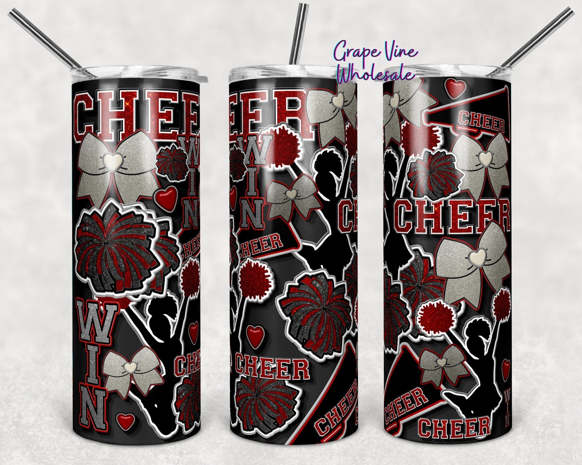 Cheer Spirit Black & Red Burst Glitter 20oz Skinny Tumbler Grape Vine Wholesale