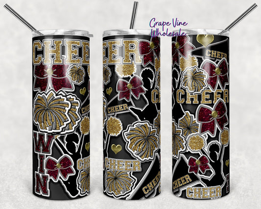 Cheer Spirit Maroon & Gold Glitter Burst 20oz Skinny Tumbler Grape Vine Wholesale