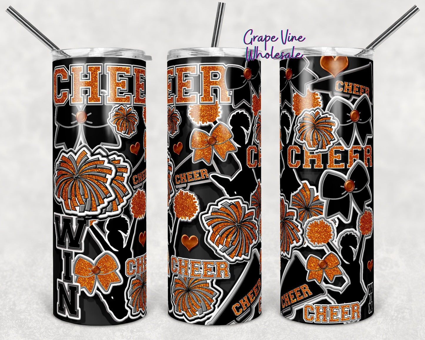 Cheer Spirit Orange & Black Glitter Burst 20oz Skinny Tumbler Grape Vine Wholesale