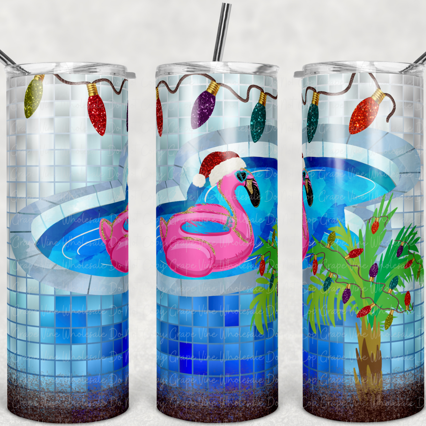 Christmas Flamingo and Pool  20oz Skinny Tumbler Grape Vine Wholesale