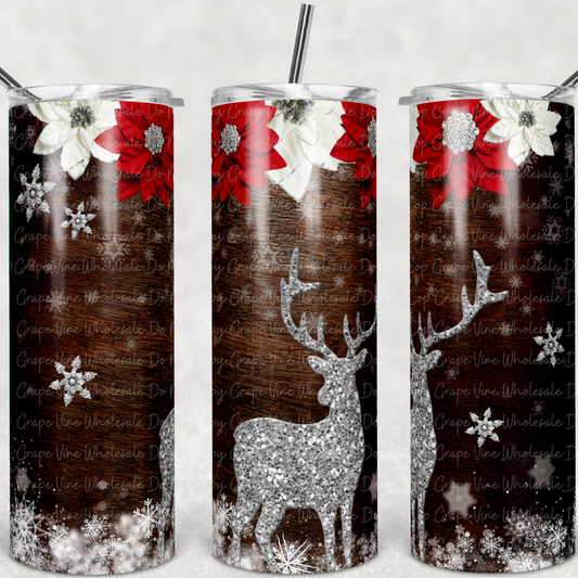 Christmas Poinsetta Snow and Reindeer  20oz Skinny Tumbler Grape Vine Wholesale