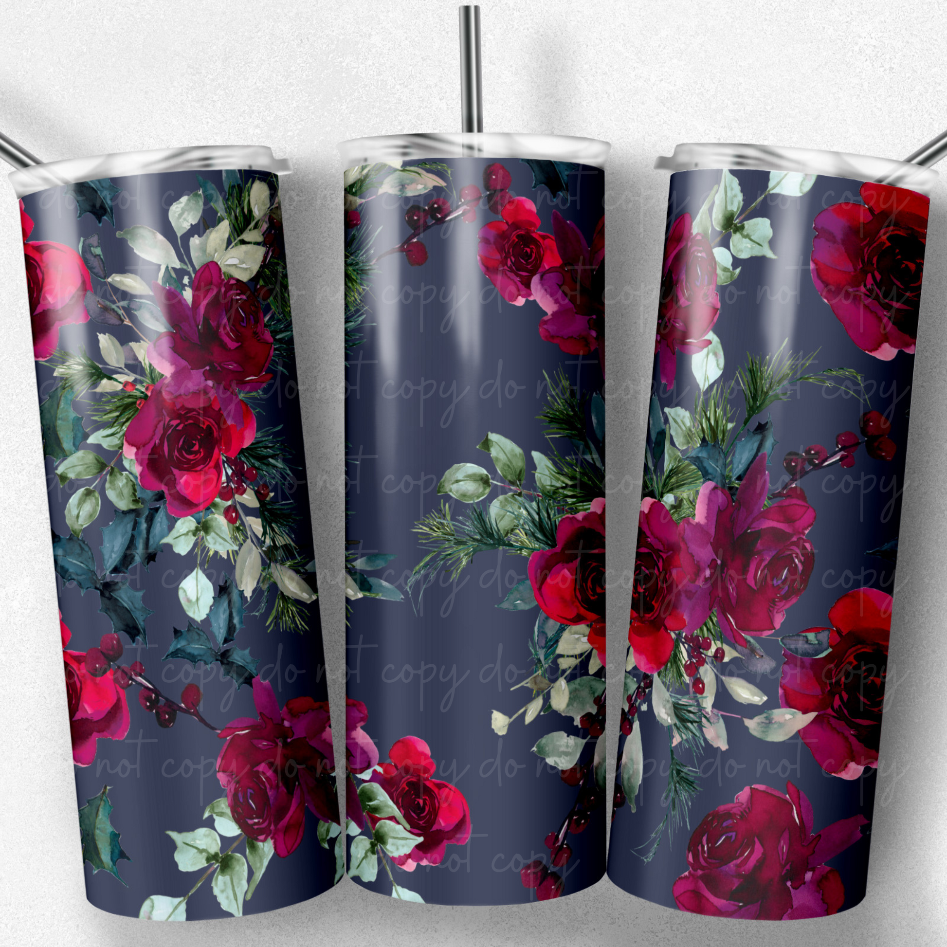 Chrstmas Flowers on Navy 20oz Skinny Tumbler Grape Vine Wholesale