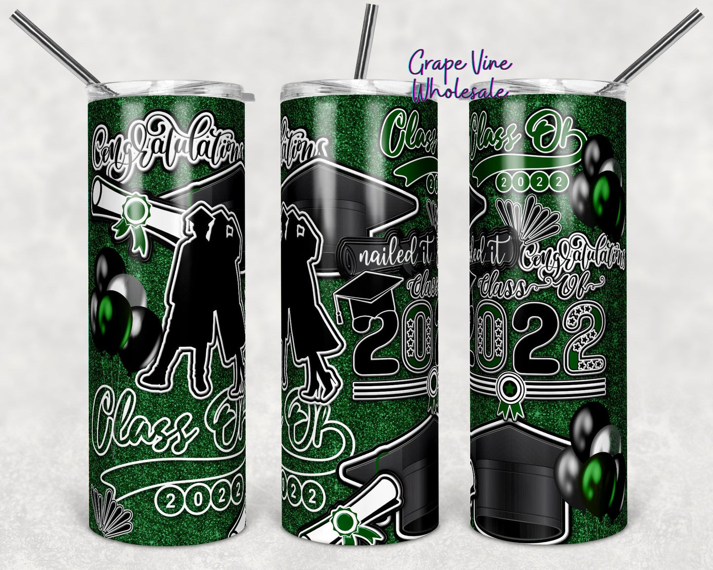 Class Of 2022 Deep Green Glitter Burst 20oz Skinny Tumbler Grape Vine Wholesale