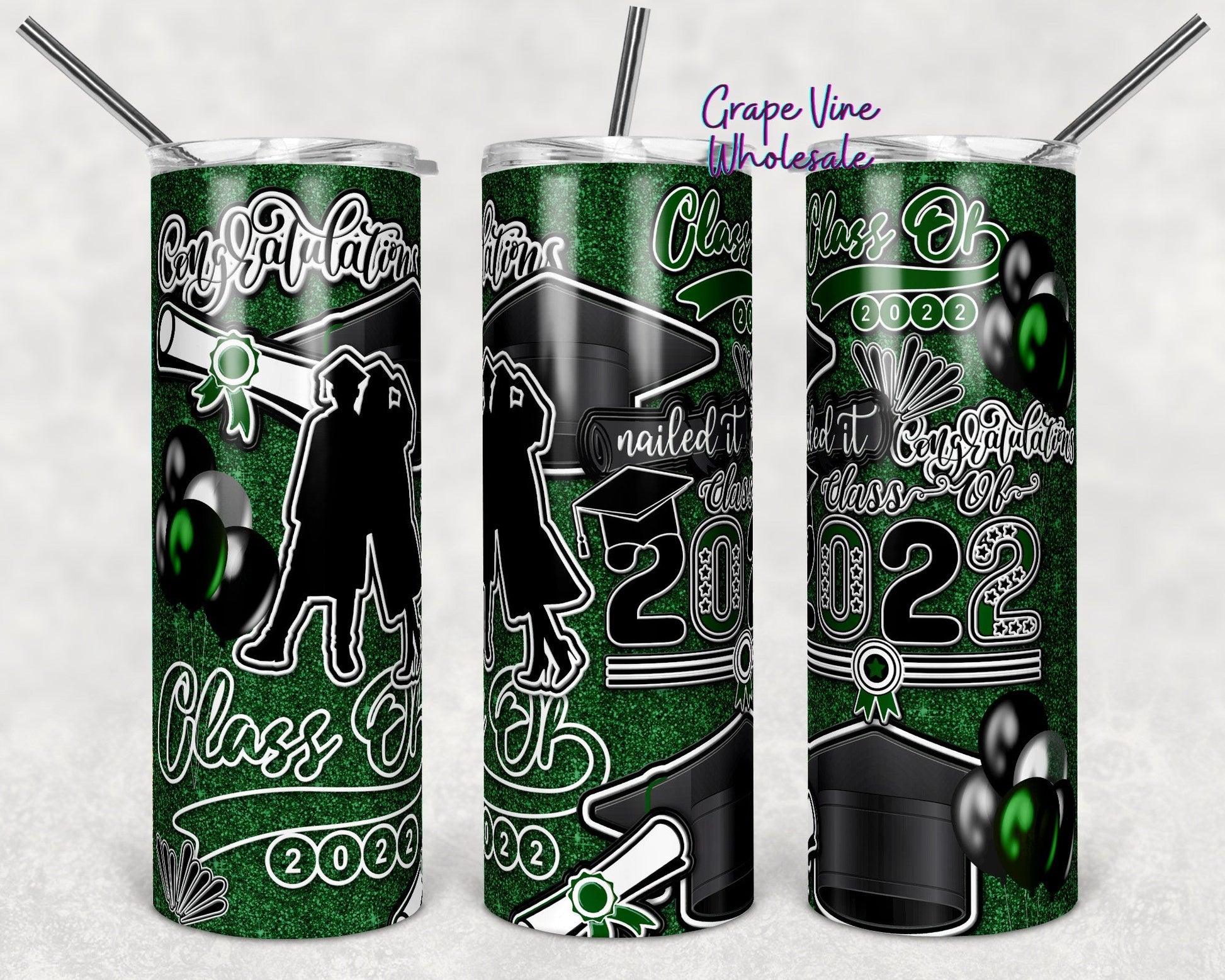 Class Of 2022 Deep Green Glitter Burst 20oz Skinny Tumbler Grape Vine Wholesale