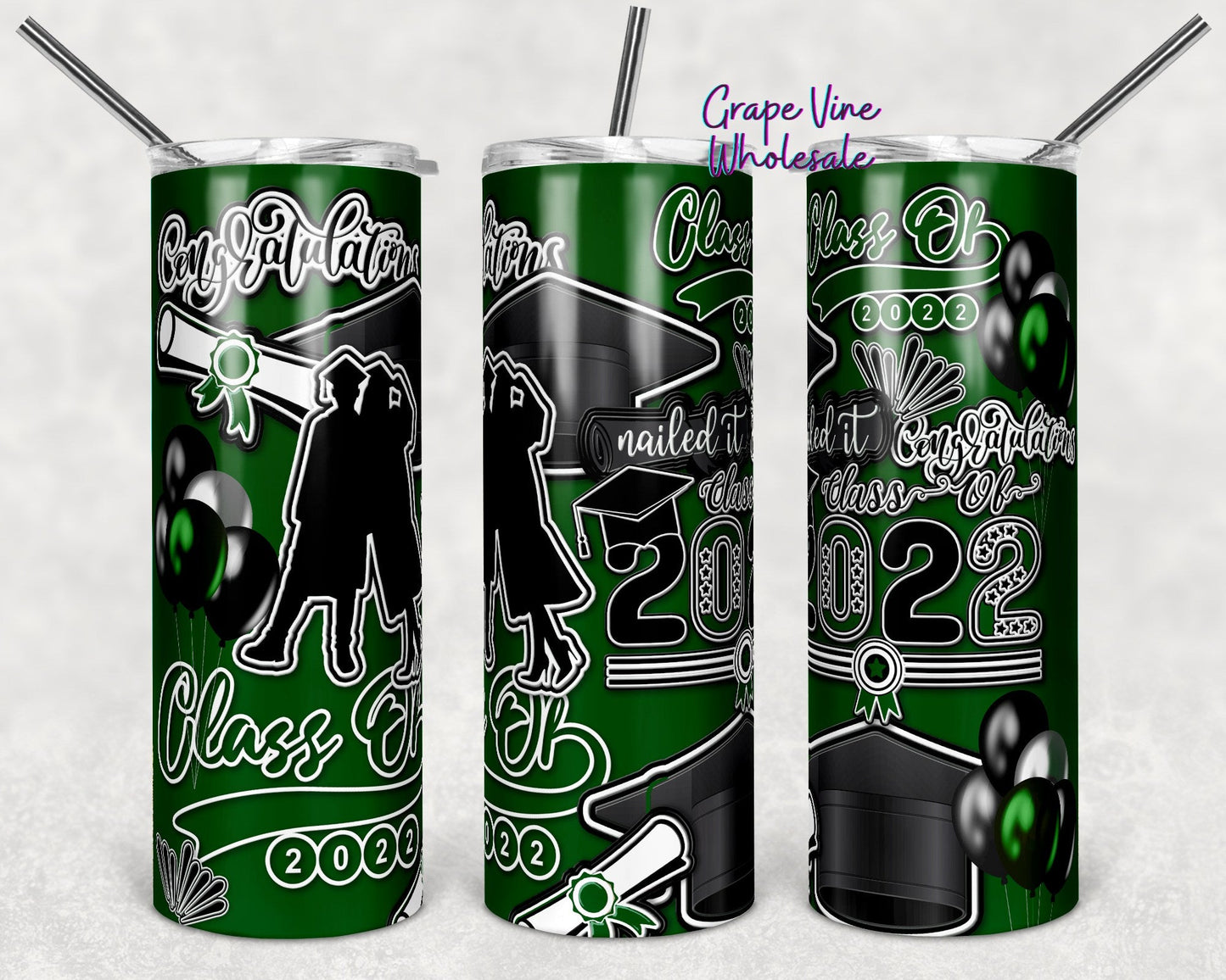 Class Of 2022 Deep Green Matte Burst 20oz Skinny Tumbler Grape Vine Wholesale