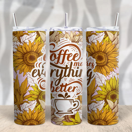 Coffee Makes Everything Better -sunflowers-  20oz Skinny Tumbler Grape Vine Wholesale