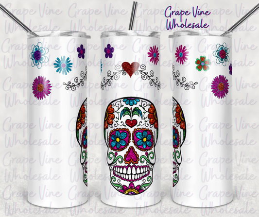 Colorful Glitter Burst Sugar Skull 20oz Skinny Tumbler Grape Vine Wholesale