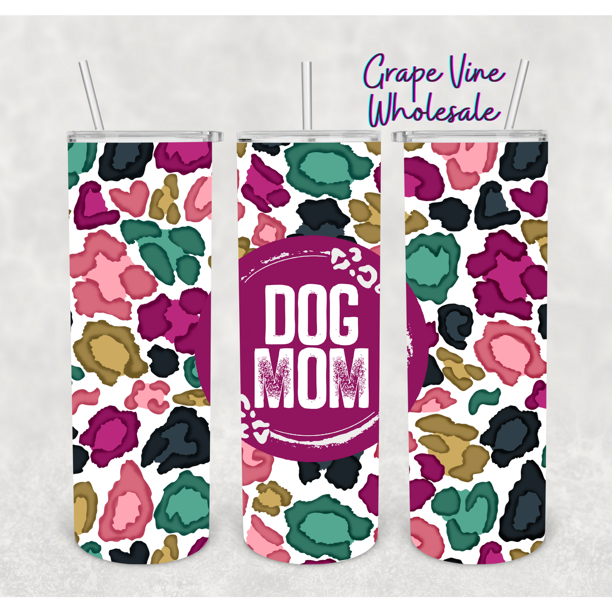 Colorful Leopard Dog Mom 20oz Skinny Tumbler Grape Vine Wholesale