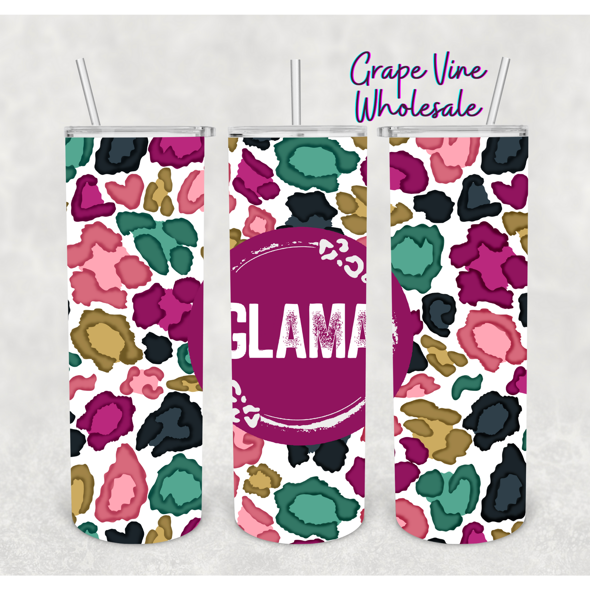 Colorful Leopard Glama 20oz Skinny Tumbler Grape Vine Wholesale