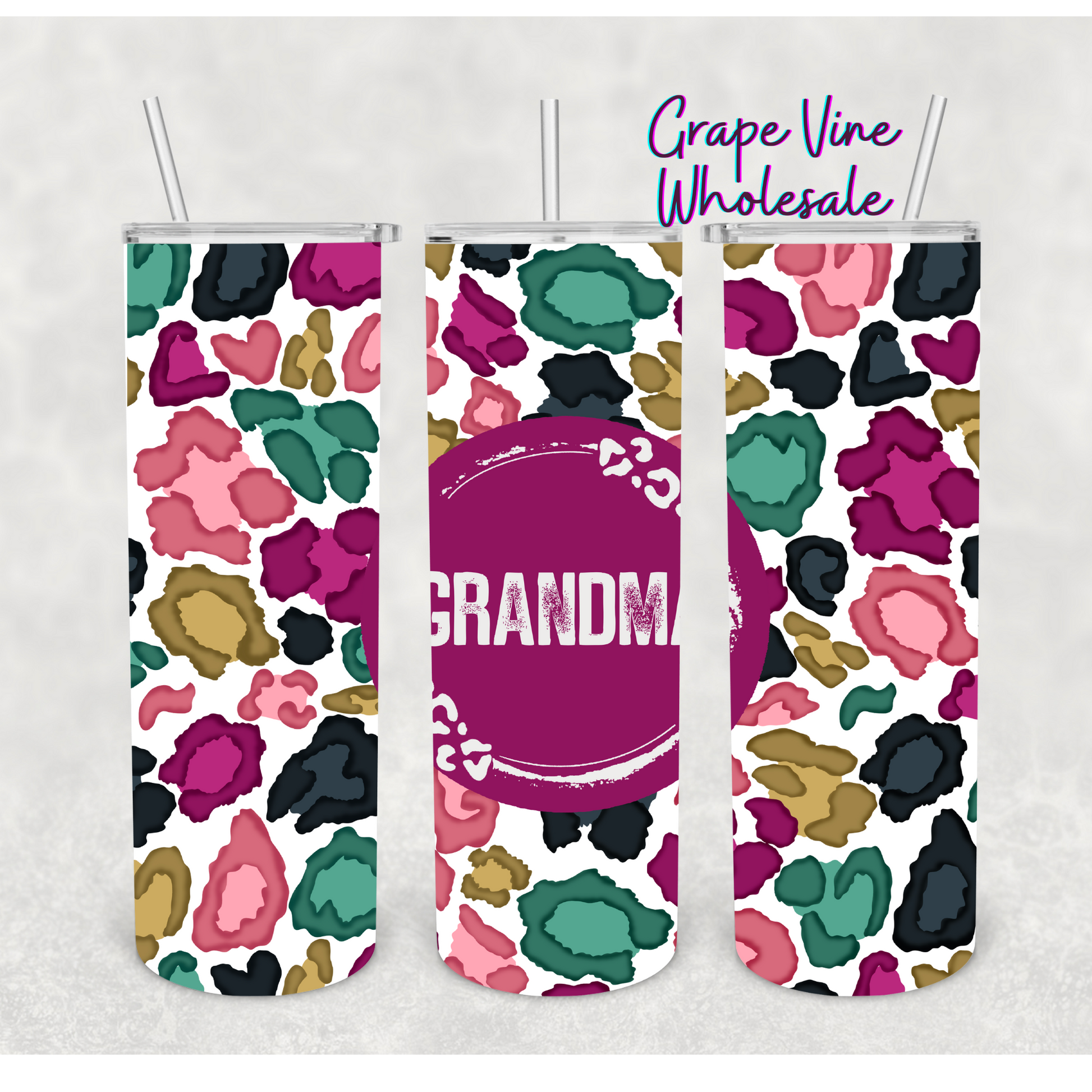 Colorful Leopard Grandma 20oz Skinny Tumbler Grape Vine Wholesale