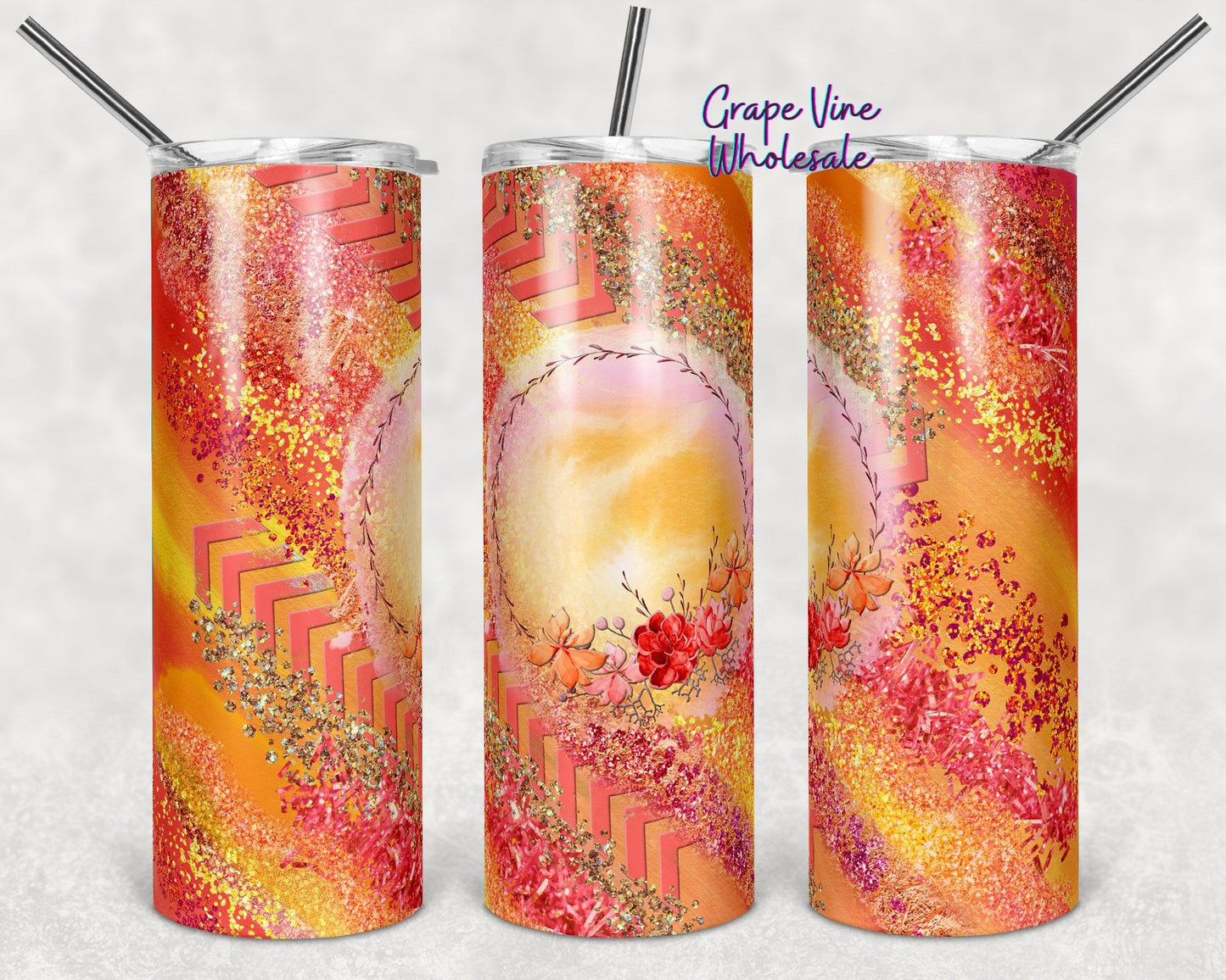 Coral Melon Yellow Floral Milky Way 20oz Skinny Tumbler Grape Vine Wholesale