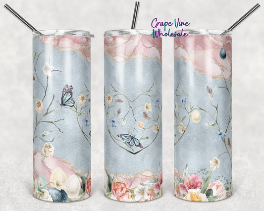 Dainty Blue & Pink Easter 20oz Skinny Tumbler Grape Vine Wholesale