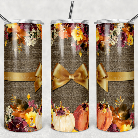 Fall Pumpkins (gold bow) 20oz Skinny Tumbler Grape Vine Wholesale