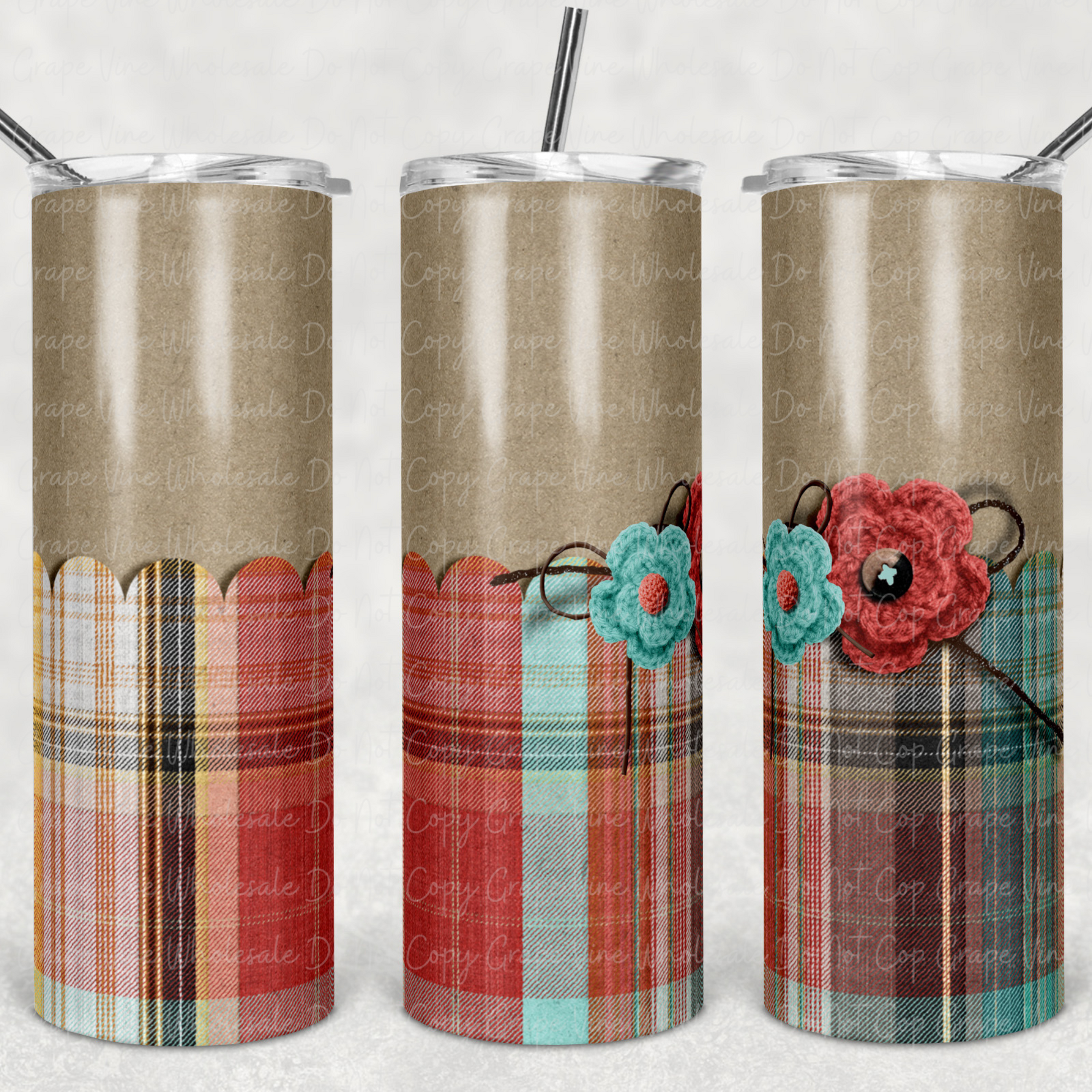 Fall Scalloped Kraft Paper and Flowers 20oz Skinny Tumbler Grape Vine Wholesale