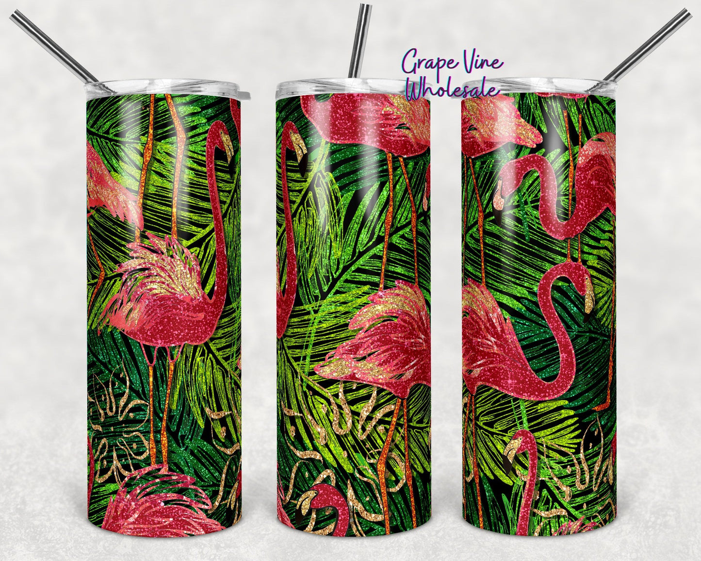 Fancy Flamingo Burst 20oz Skinny Tumbler Grape Vine Wholesale