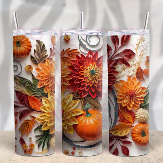 Faux 3D Mums and Pumpkins 20oz Skinny Tumbler Grape Vine Wholesale