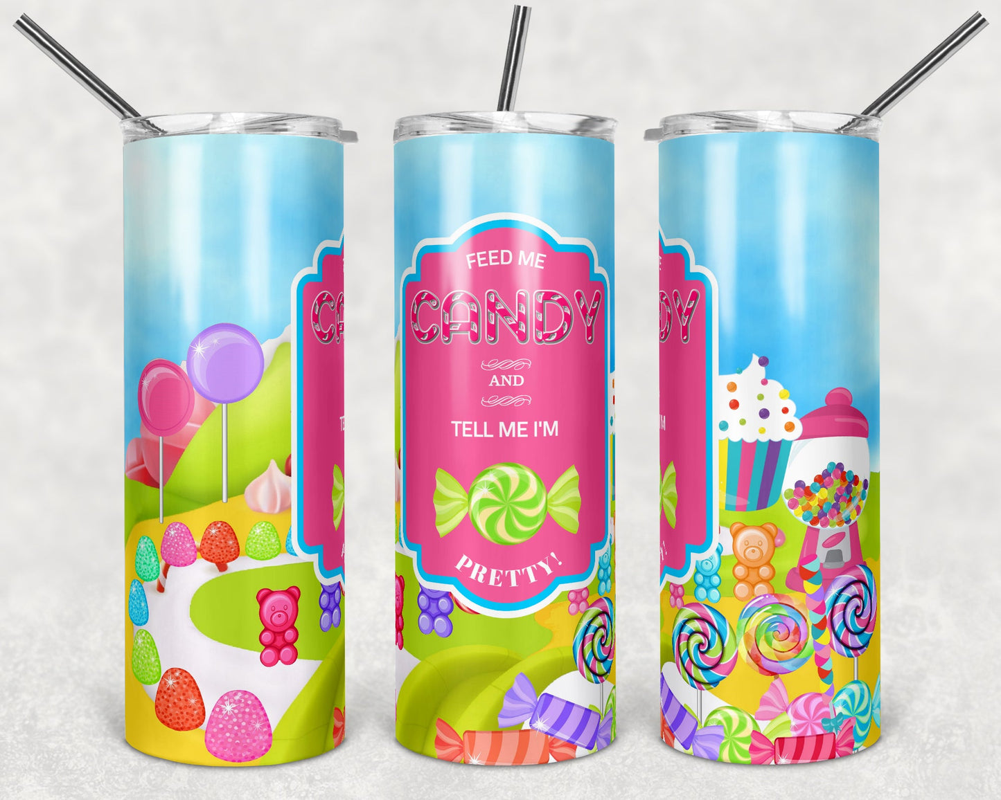 Feed me Candy and Tell Me I'm Pretty 20oz Skinny Tumbler Grape Vine Wholesale