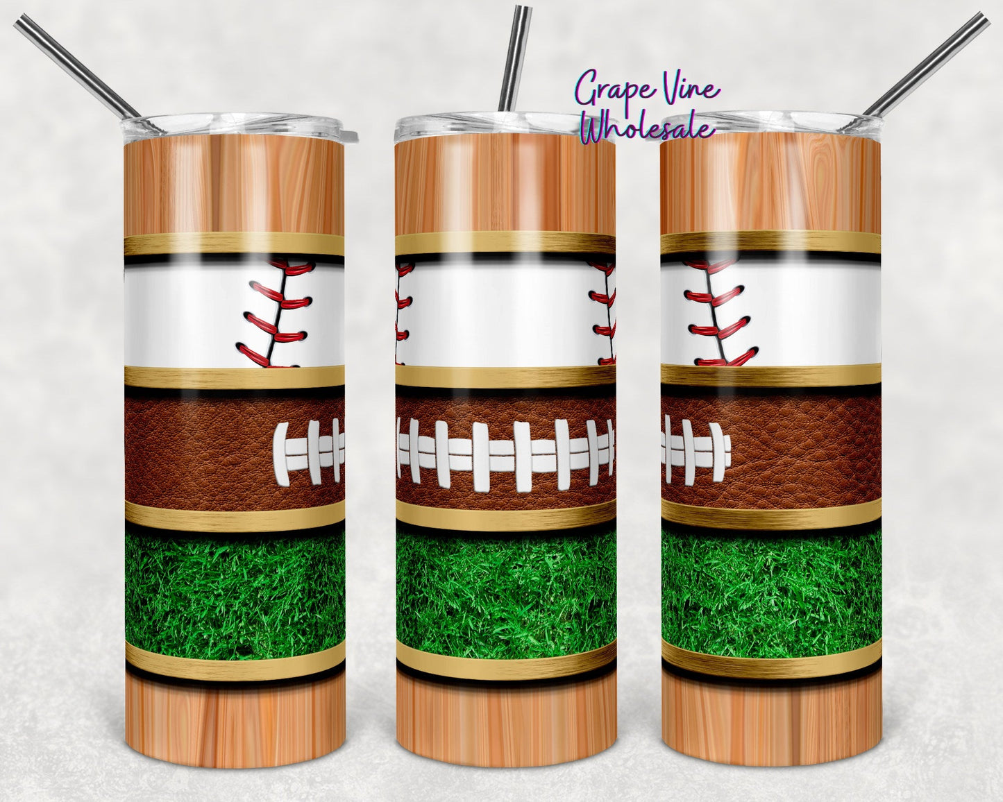 Find Me Between The Woodgrain & 50yd Line Stripe 20oz Skinny Tumbler Grape Vine Wholesale