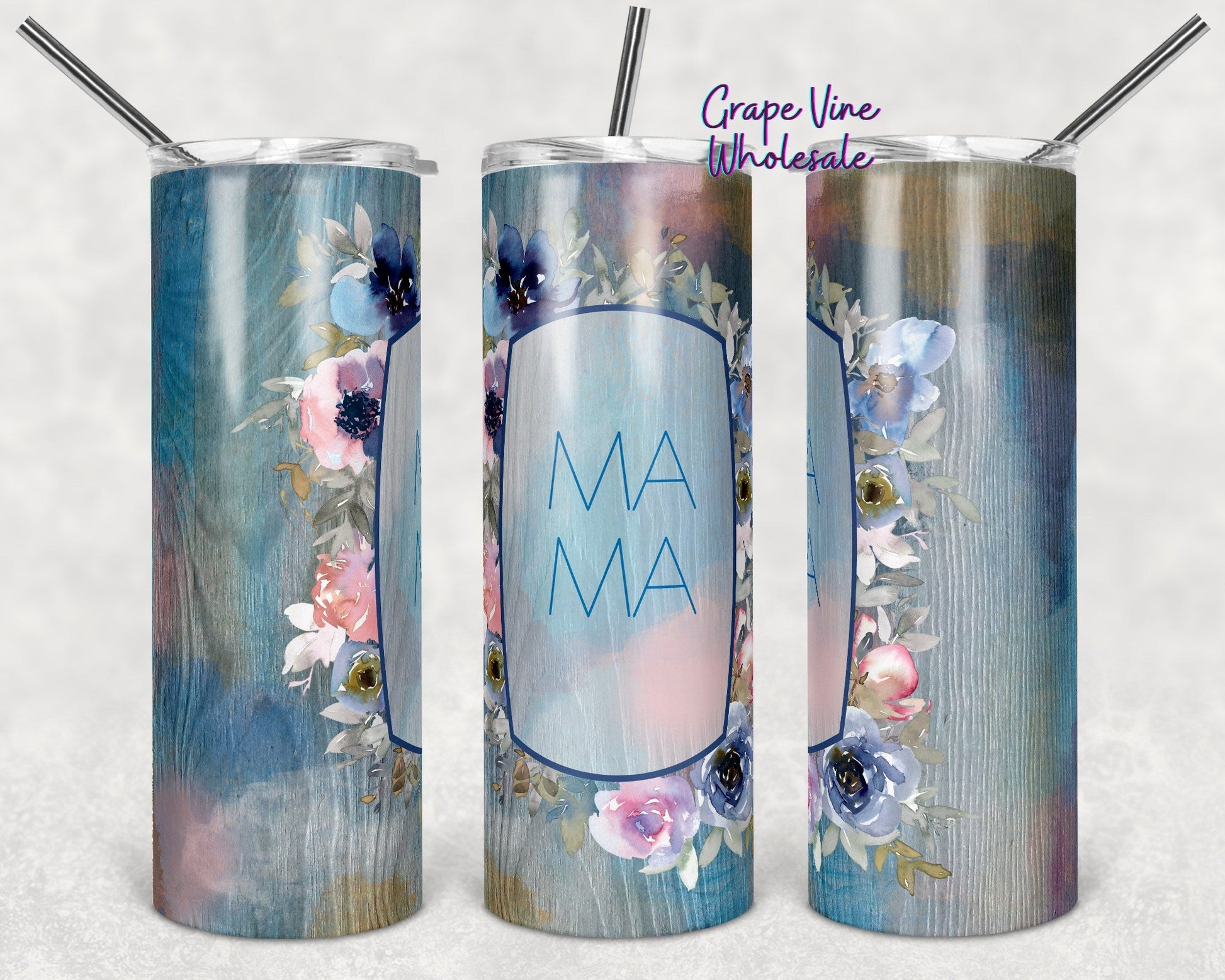 Floral & Wood Grain Mama Mock 20oz Skinny Tumbler Grape Vine Wholesale