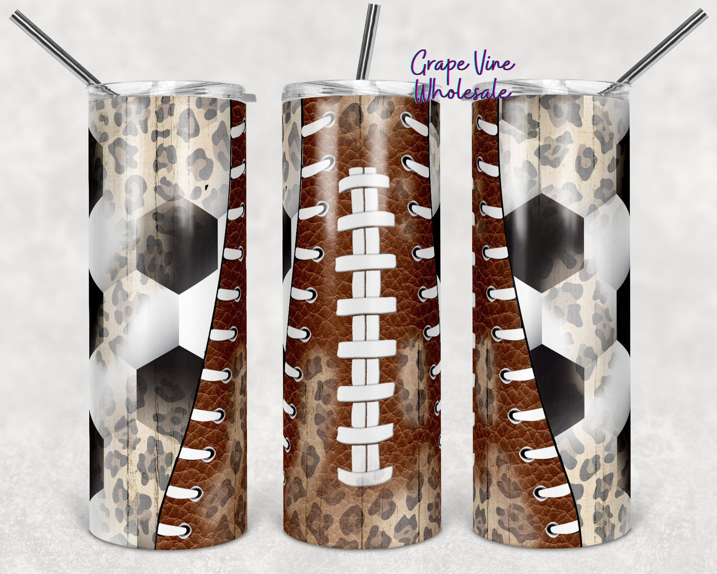 Football & Soccer Leopard Print Combo 20oz Skinny Tumbler Grape Vine Wholesale