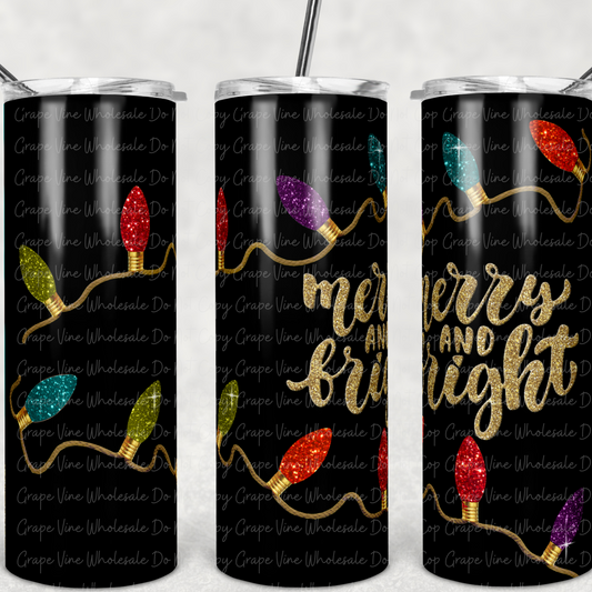 Glitter Merry and Bright on Black  20oz Skinny Tumbler Grape Vine Wholesale