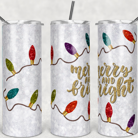 Glitter Merry and Bright on White  20oz Skinny Tumbler Grape Vine Wholesale