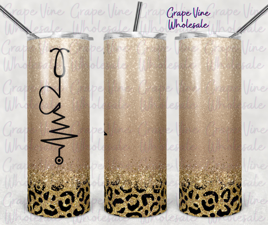 Glitter Ombre & Leopard Stethoscope 20oz Skinny Tumbler Grape Vine Wholesale