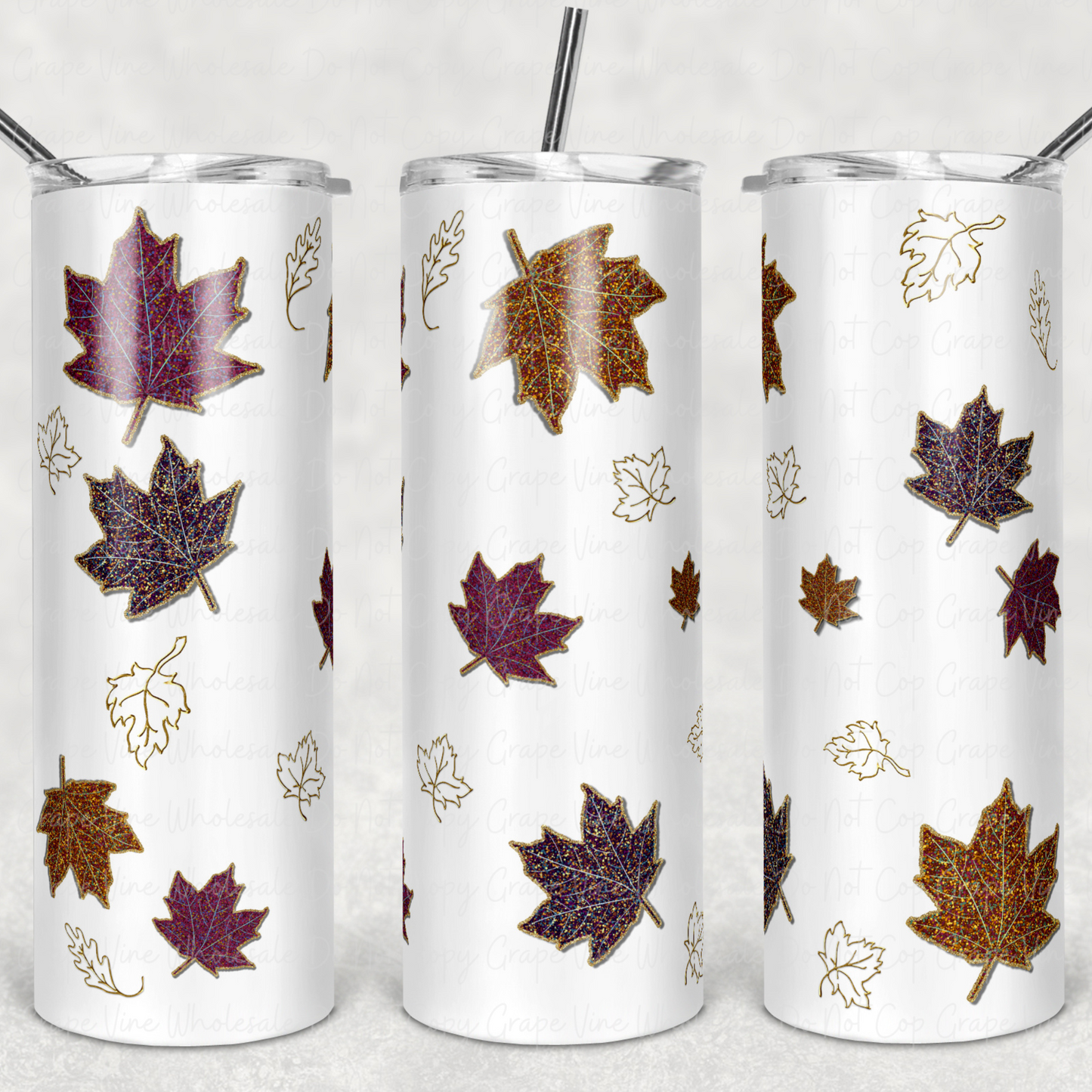 Glittery Fall Leaves 20oz Skinny Tumbler Grape Vine Wholesale