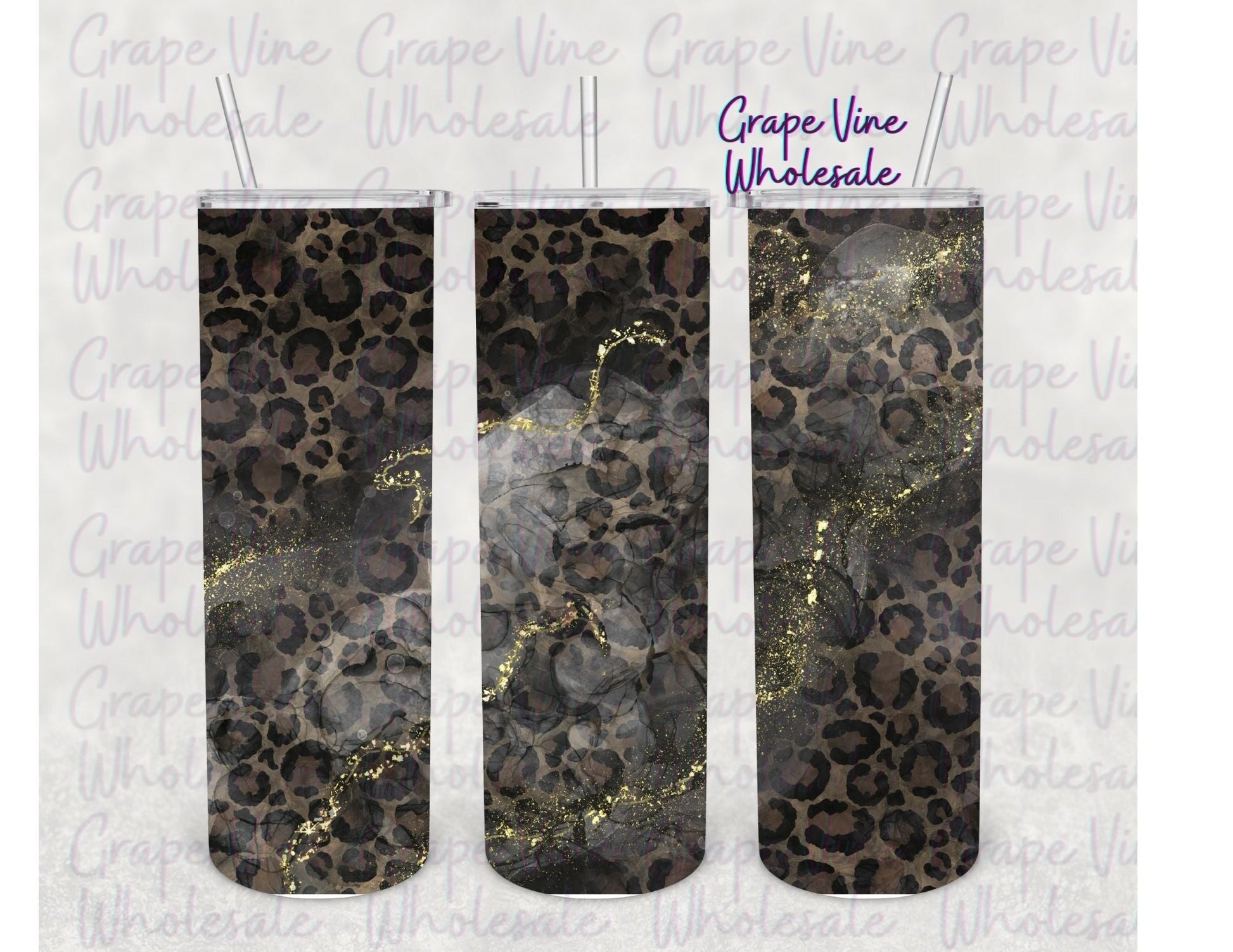 Glitz & Glam Black Leopard 20oz Skinny Tumbler Grape Vine Wholesale